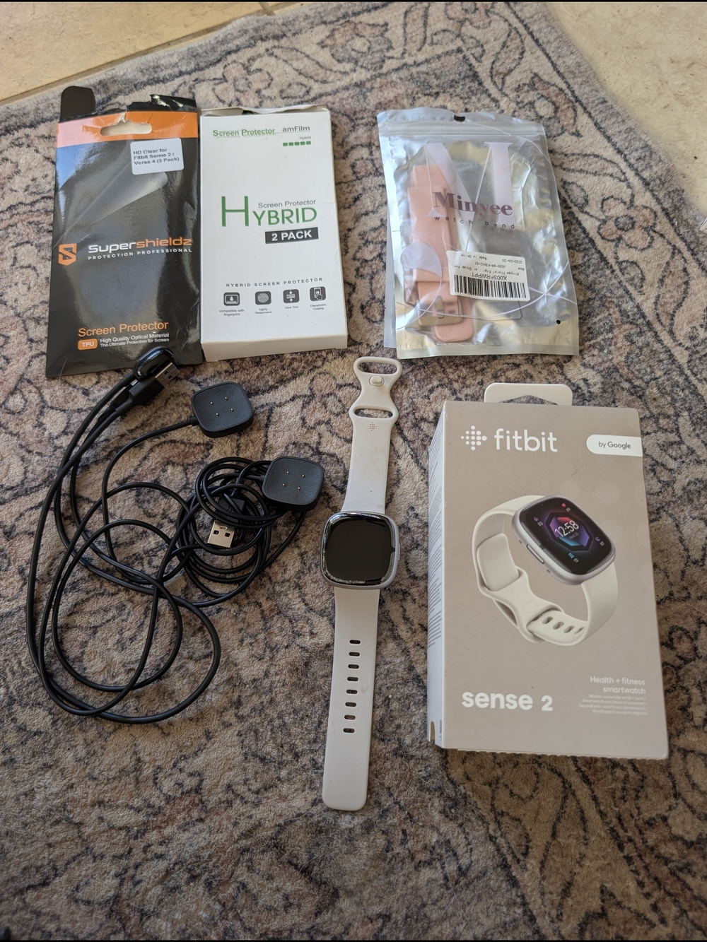 Fitbit Sense 2 White Silicone Smartwatch with Chargers and Screen Protectors